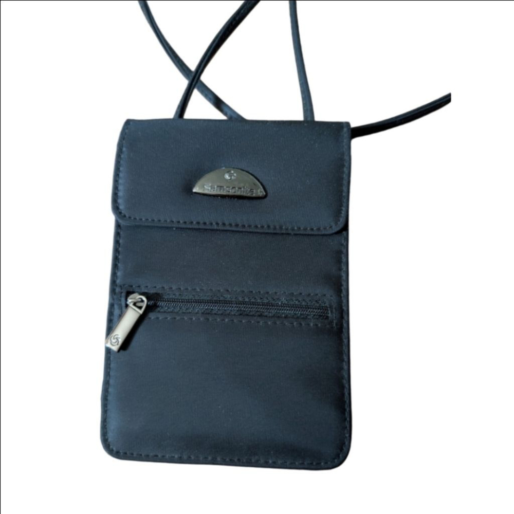 Vintage Samsonite Black Crossbody Travel Wallet Compact Purse 2 Zippers 2 Button